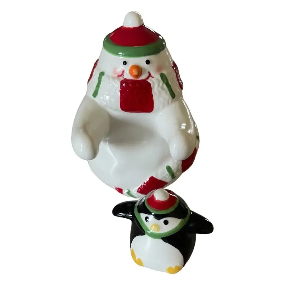 Christmas Winter Snowman Holding Penguin Salt & Pepper Shakers 3” by Hallmark